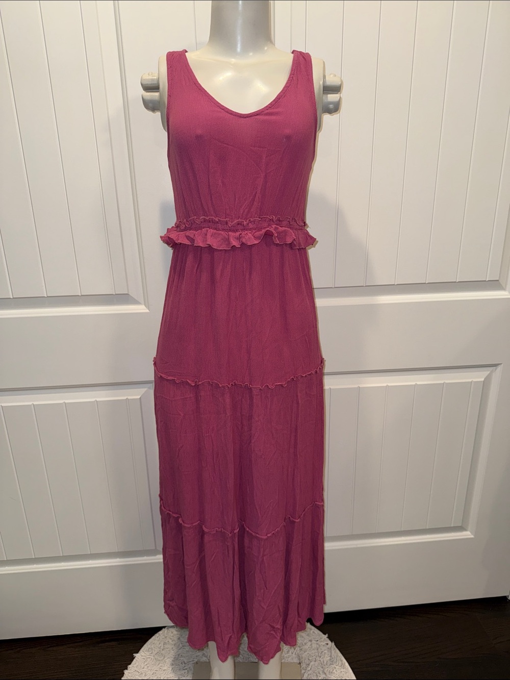 Pink Rose Fuchsia Ruffle-Waist Maxi Dress